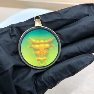 Vintage Hologram 3D Bull Taurus Glass Pendant for Necklace. 90's Unisex